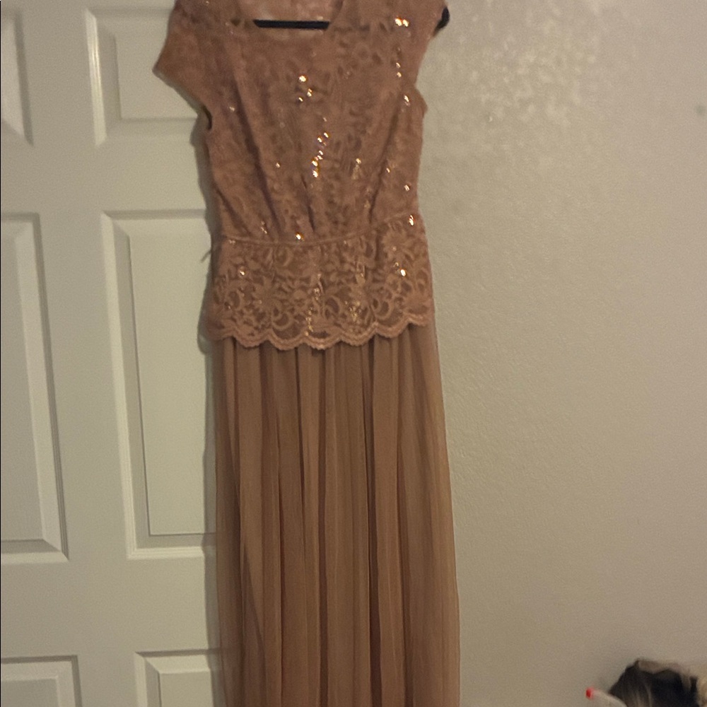 Elegant Sequin Lace Maxi Dress - Tan